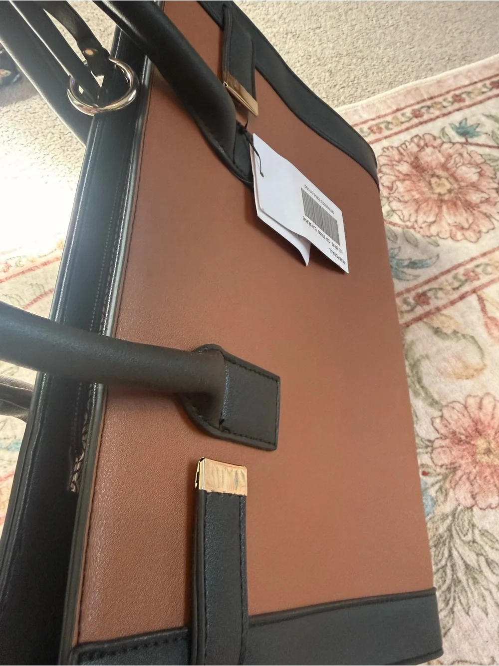 JustFab Tan and Black Structured Satchel with Gold Accent